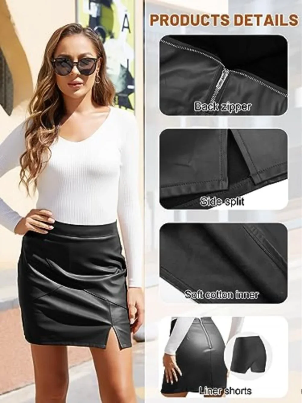 Women's Faux Leather High Waisted Bodycon Pencil Mini Skirt with Built-in Shorts
